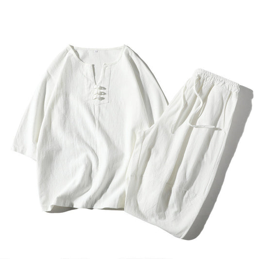 Short Sleeve Three-quarter Sleeve Suit Cotton And Linen Loose T-shirt Casual Two-piece Suit