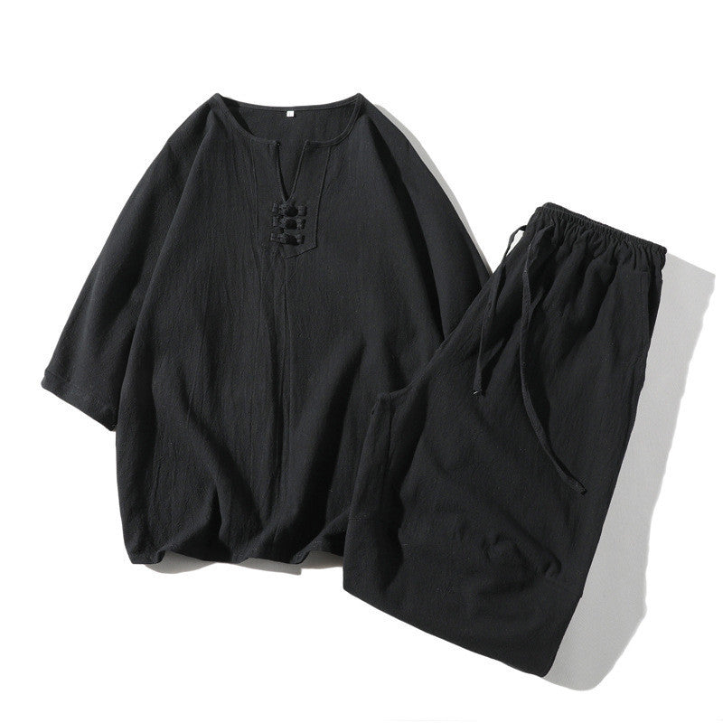 Short Sleeve Three-quarter Sleeve Suit Cotton And Linen Loose T-shirt Casual Two-piece Suit