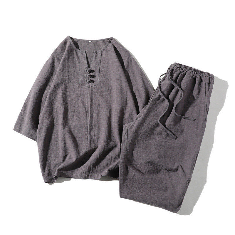 Short Sleeve Three-quarter Sleeve Suit Cotton And Linen Loose T-shirt Casual Two-piece Suit