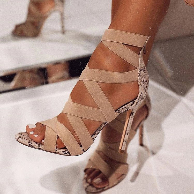 Low-Top Bag With Artificial Pu Side Hollow Stiletto Heightening Fish Mouth Super High Heel