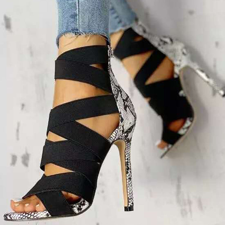Low-Top Bag With Artificial Pu Side Hollow Stiletto Heightening Fish Mouth Super High Heel