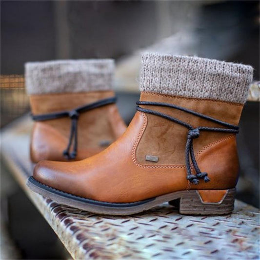 New Round Head European And Beautiful Leather Boots Thick-Soled Martin Boots Women'S Wool Mouth Net Red Women Boots