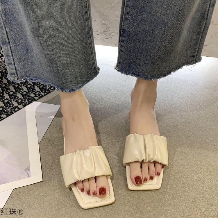 One-Line Flat Sandals Women'S Outer Wear Pleated Patent Leather Moccasins