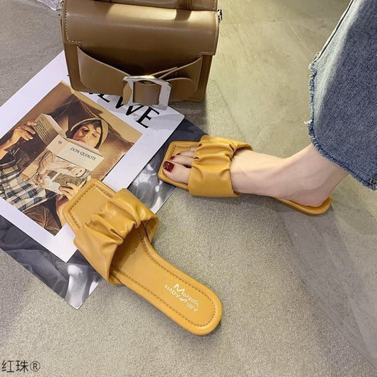 One-Line Flat Sandals Women'S Outer Wear Pleated Patent Leather Moccasins