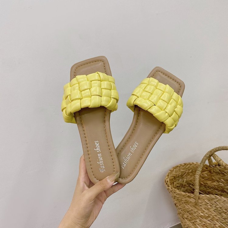 Open-Toed Square Head Wear Flat-Bottomed Flip-Flop Woven Comfortable Beach Sandals