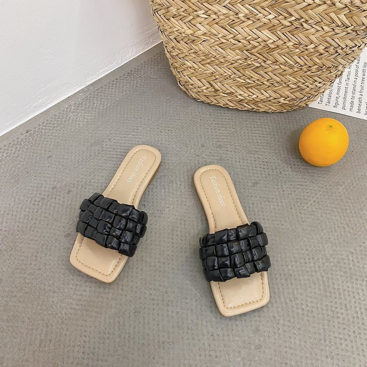 Open-Toed Square Head Wear Flat-Bottomed Flip-Flop Woven Comfortable Beach Sandals