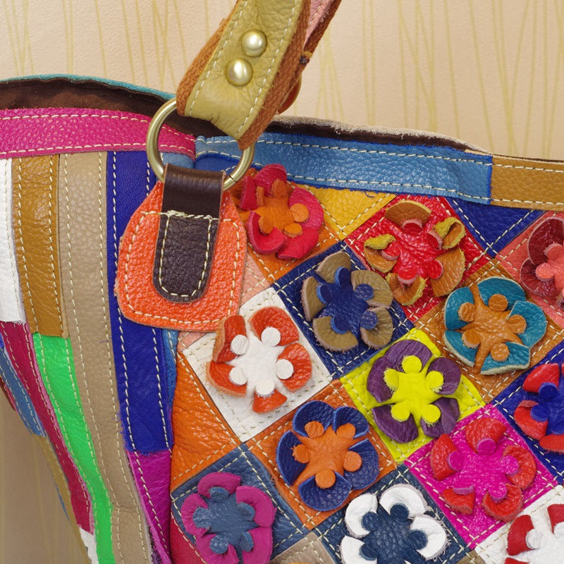 Leather Handbags Cowhide Colorful Flowers Contrast Color