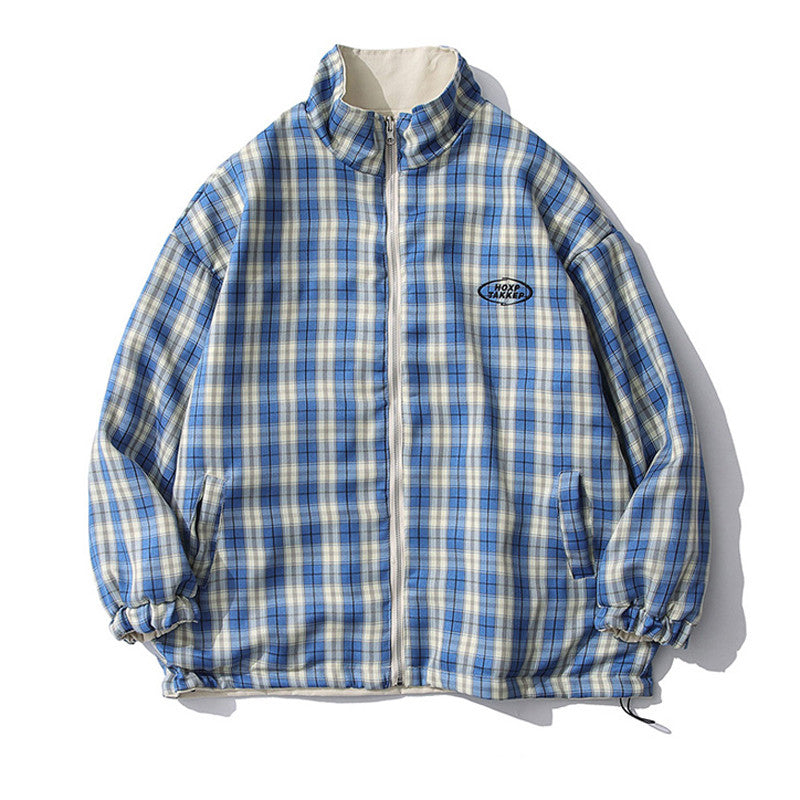 Reversible Plaid Stand Collar Jacket Casual Spring Hong Kong Flavor Jacket