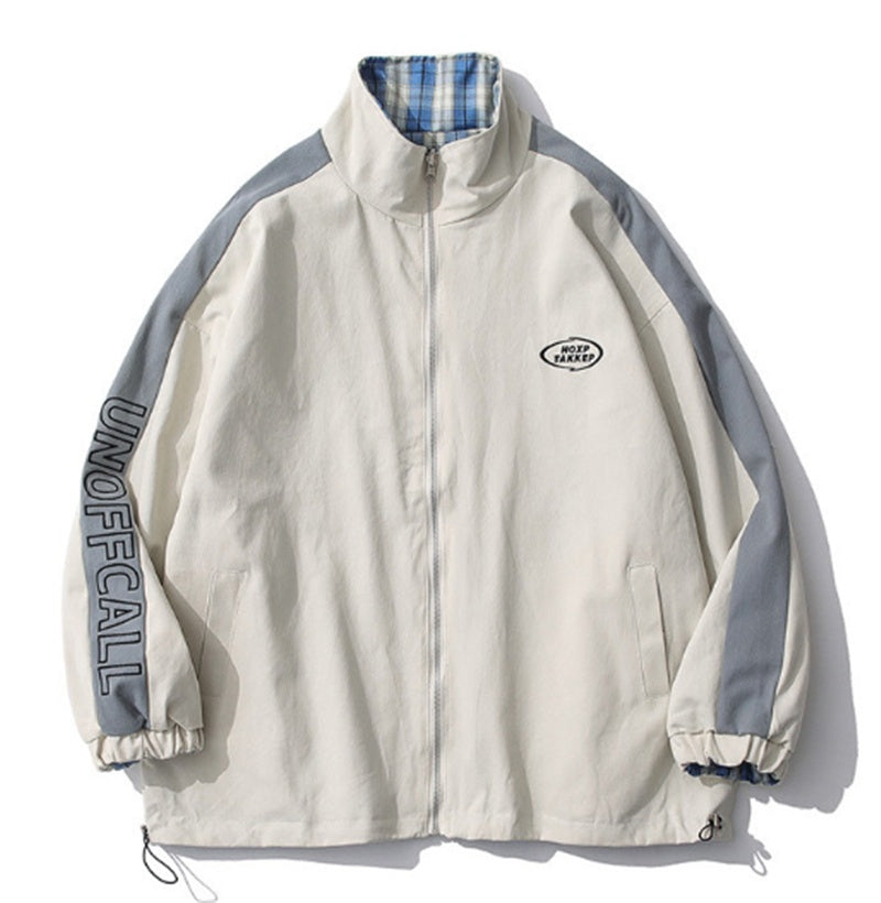 Reversible Plaid Stand Collar Jacket Casual Spring Hong Kong Flavor Jacket