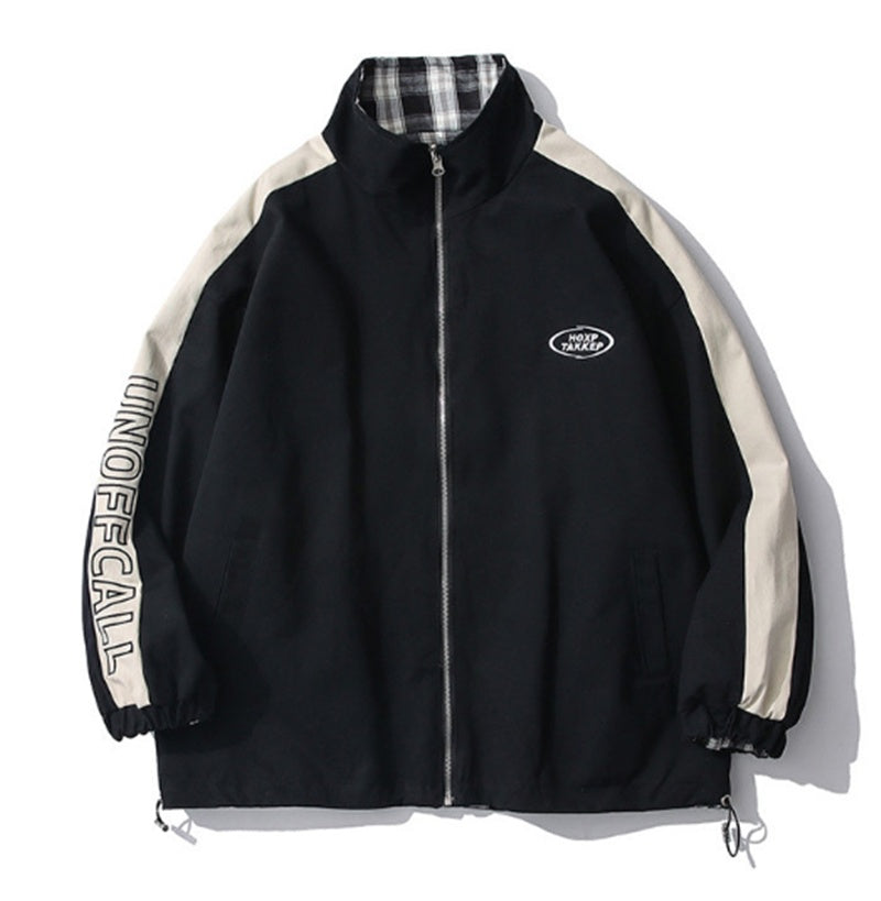 Reversible Plaid Stand Collar Jacket Casual Spring Hong Kong Flavor Jacket