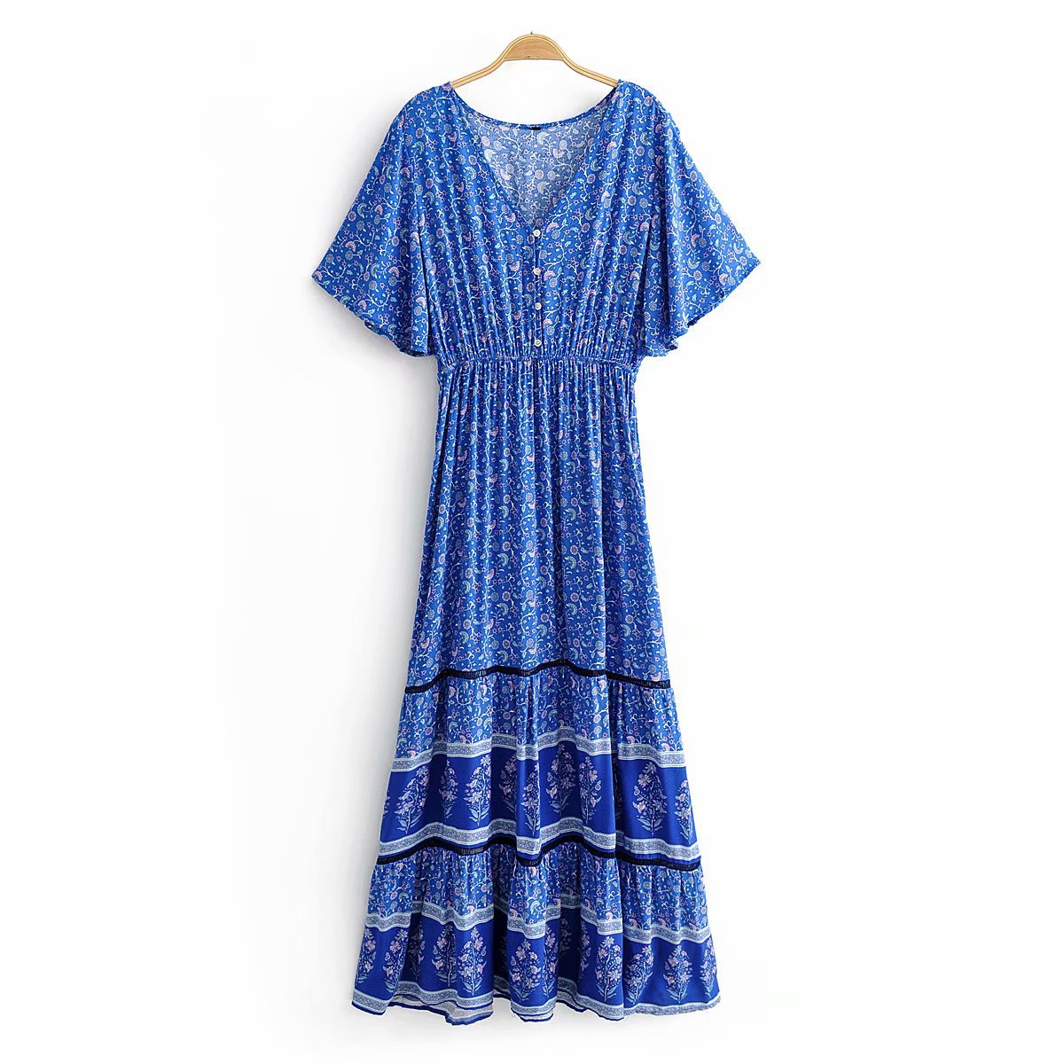 Vintage Chic Women Blue Floral Print Bat Sleeve Beach  Dress