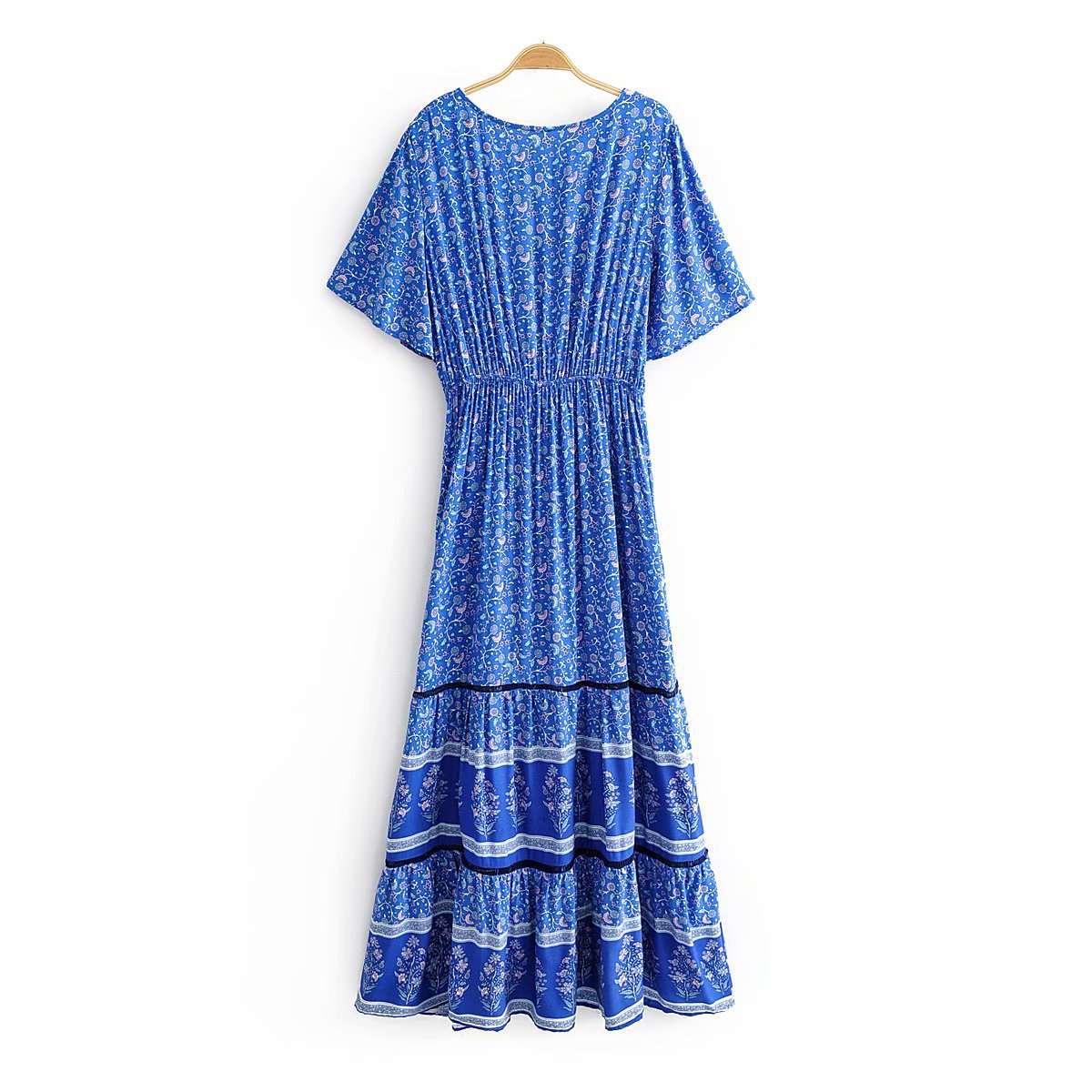 Vintage Chic Women Blue Floral Print Bat Sleeve Beach  Dress