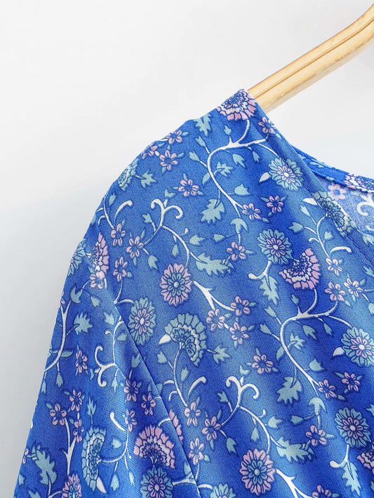 Vintage Chic Women Blue Floral Print Bat Sleeve Beach  Dress