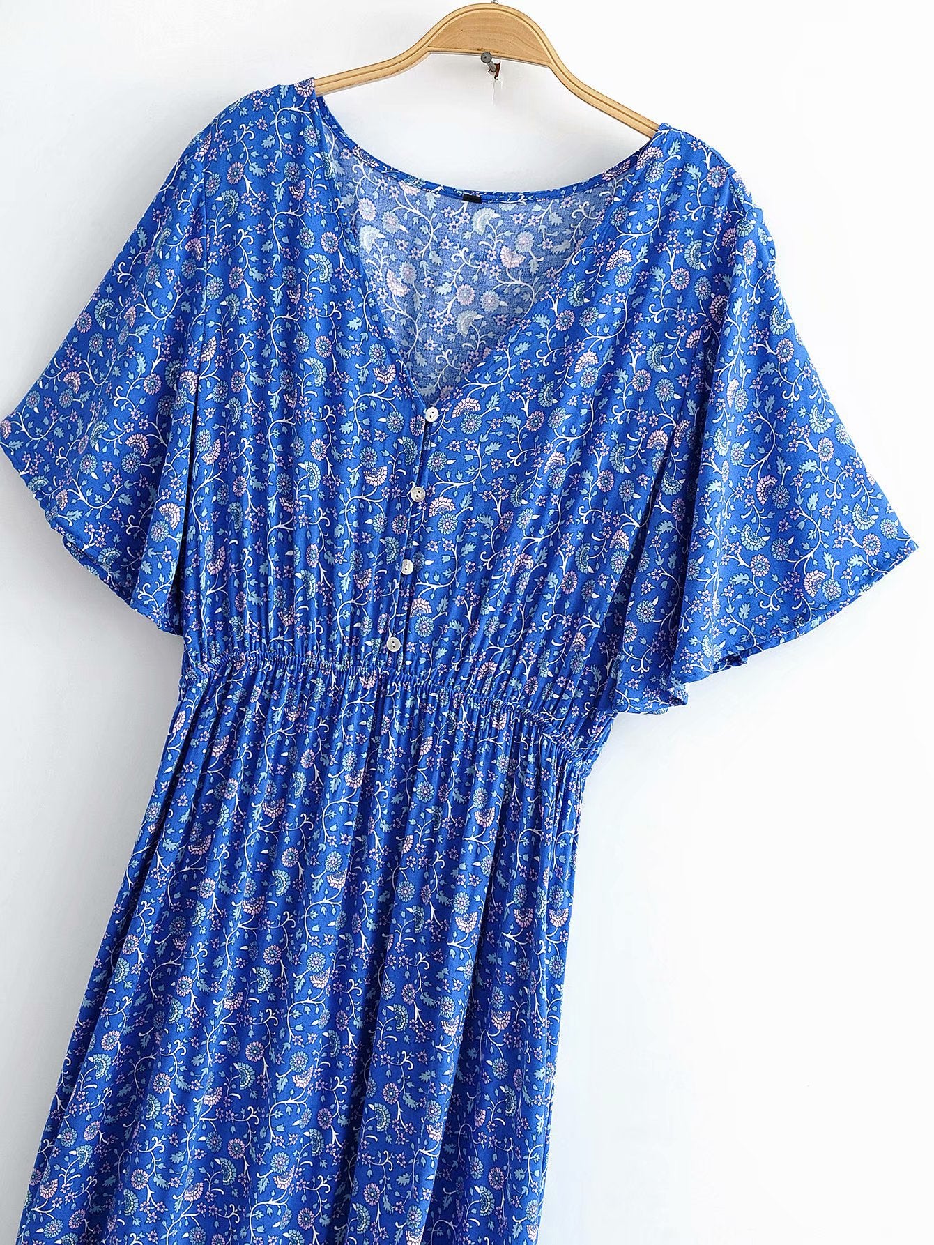 Vintage Chic Women Blue Floral Print Bat Sleeve Beach  Dress