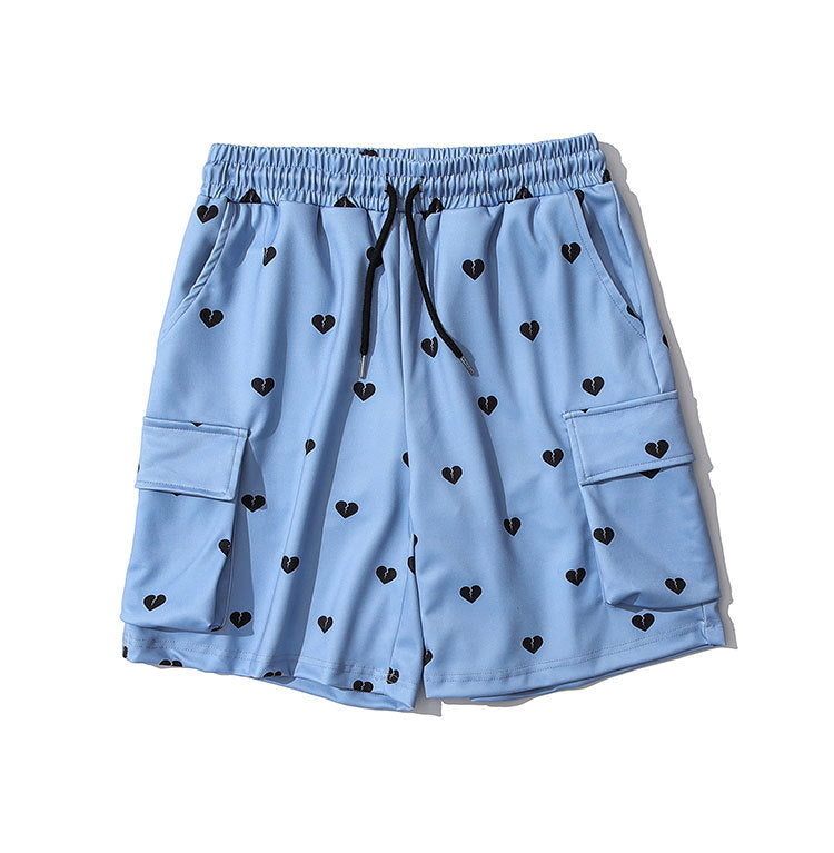 Love Full Print Multi-pocket Overalls Shorts Men's Ins Tide Brand Eastic Waist Five-point Pants