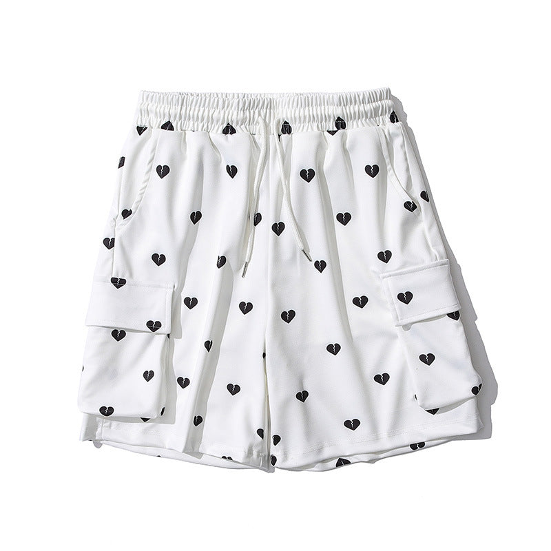 Love Full Print Multi-pocket Overalls Shorts Men's Ins Tide Brand Eastic Waist Five-point Pants