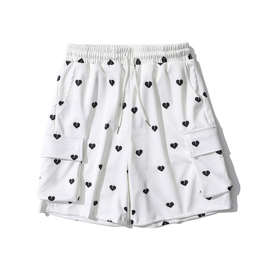 Love Full Print Multi-pocket Overalls Shorts Men's Ins Tide Brand Eastic Waist Five-point Pants