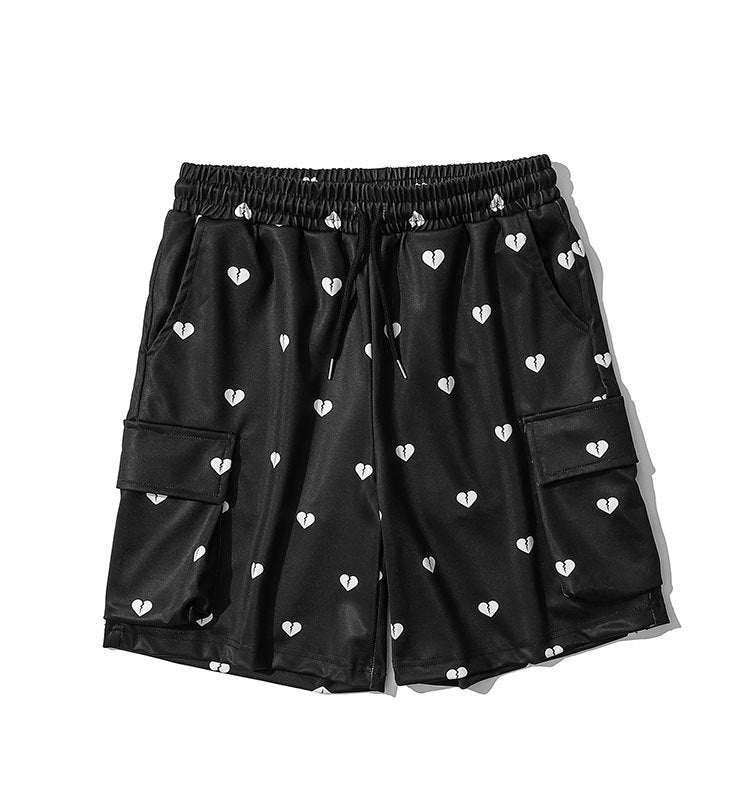 Love Full Print Multi-pocket Overalls Shorts Men's Ins Tide Brand Eastic Waist Five-point Pants