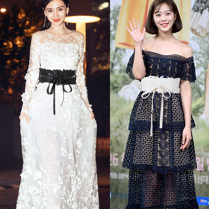 Retro Lace Lace Waist Band Dress Fashionable Wide Belt Female Black And White Korean Summer Autumn