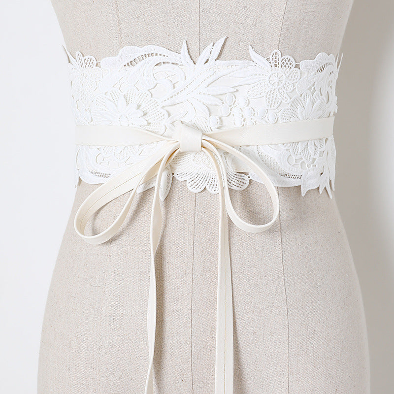 Retro Lace Lace Waist Band Dress Fashionable Wide Belt Female Black And White Korean Summer Autumn