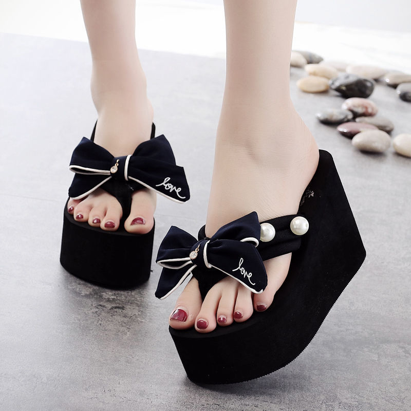 Shining 8cm High-Heeled Flip Flops Handmade Bow