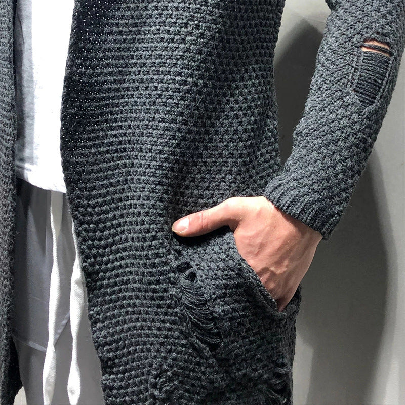 Autumn And Winter New Foreign Trade Cardigan Sleeve Holes Men's Wear Medium Length Cardigan Sweater Knitwear