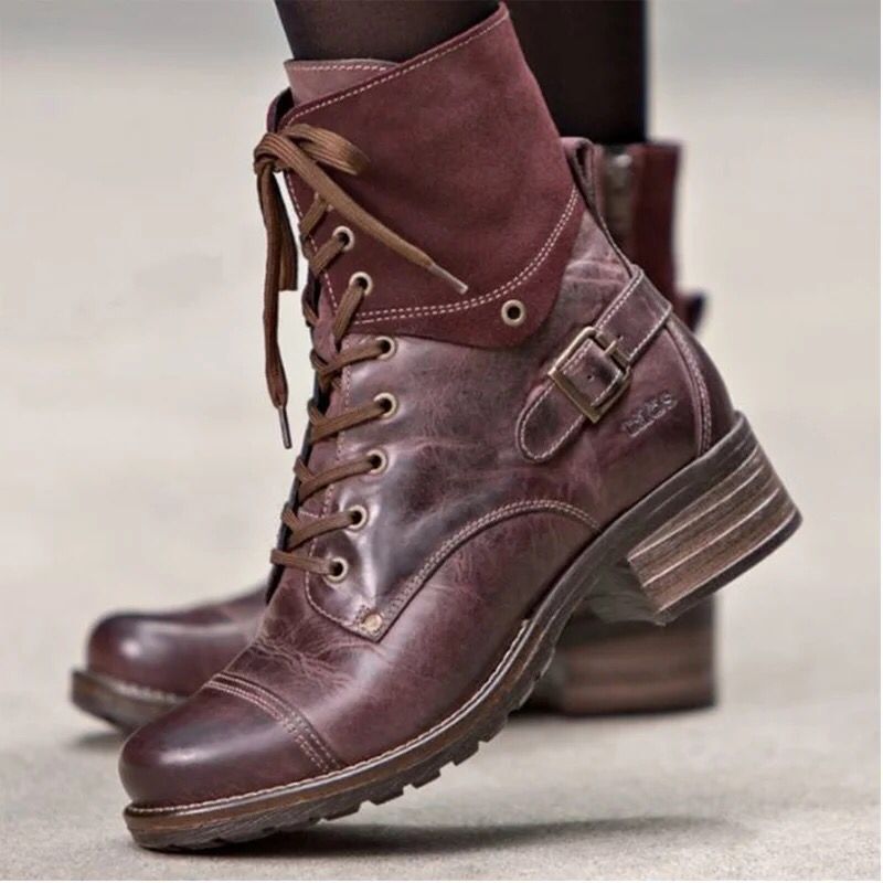 Martin Boots Women'S Autumn New Belt Buckle British Retro Lace-Up Thick-Heeled Short-Tube Women'S Boots Wish Large Size Leather Boots