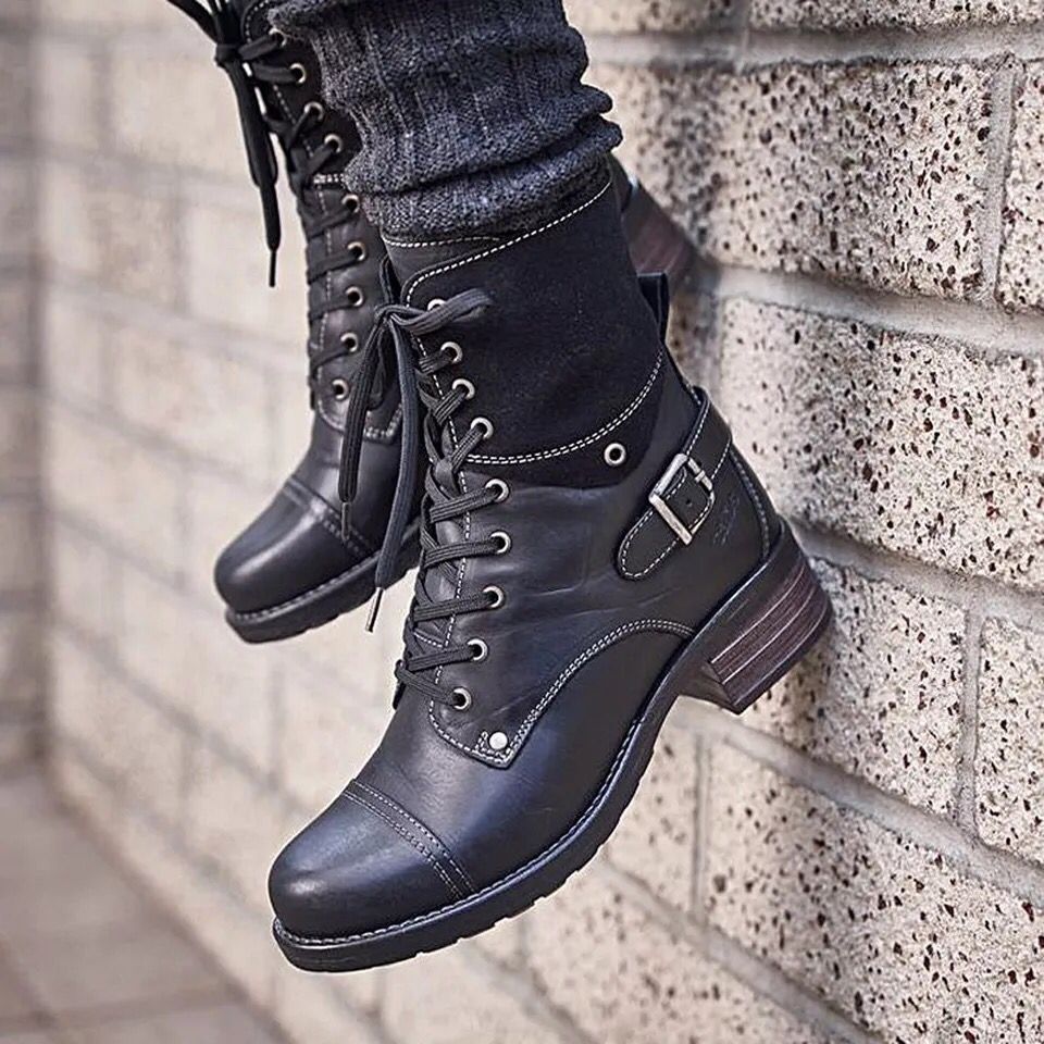 Martin Boots Women'S Autumn New Belt Buckle British Retro Lace-Up Thick-Heeled Short-Tube Women'S Boots Wish Large Size Leather Boots