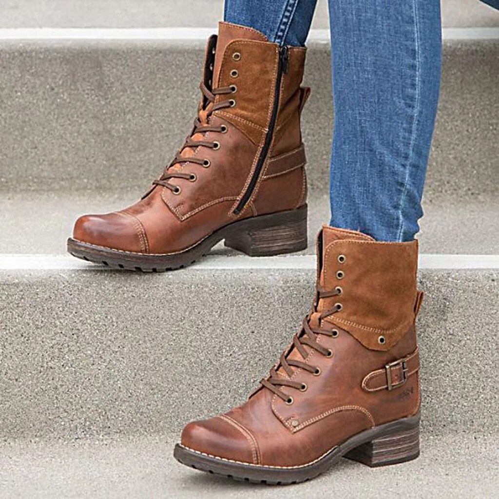 Martin Boots Women'S Autumn New Belt Buckle British Retro Lace-Up Thick-Heeled Short-Tube Women'S Boots Wish Large Size Leather Boots