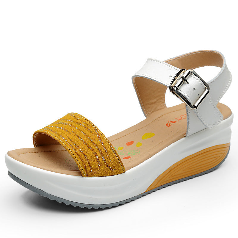Leather Wedge Mid-heel Sandals With Fish Mouth And Thick Soles