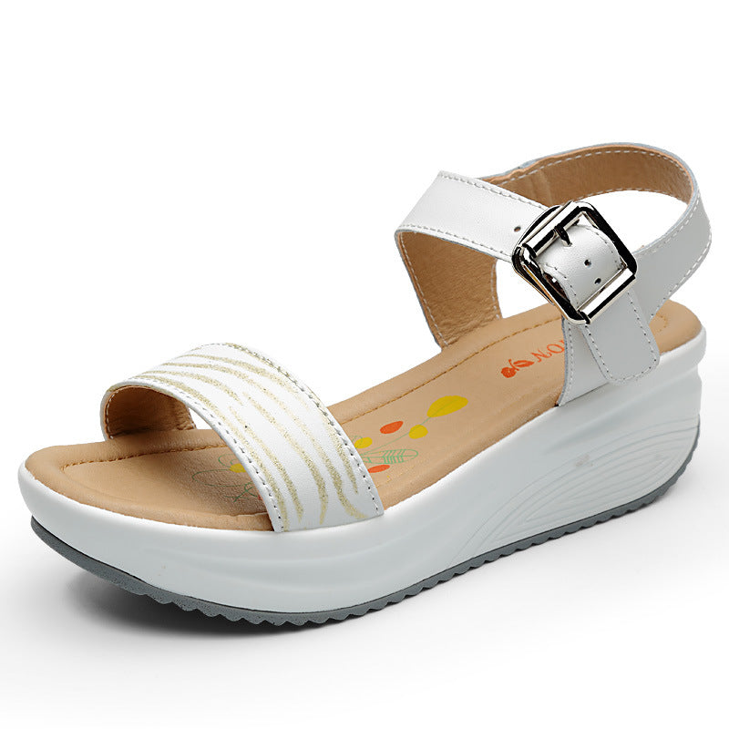 Leather Wedge Mid-heel Sandals With Fish Mouth And Thick Soles