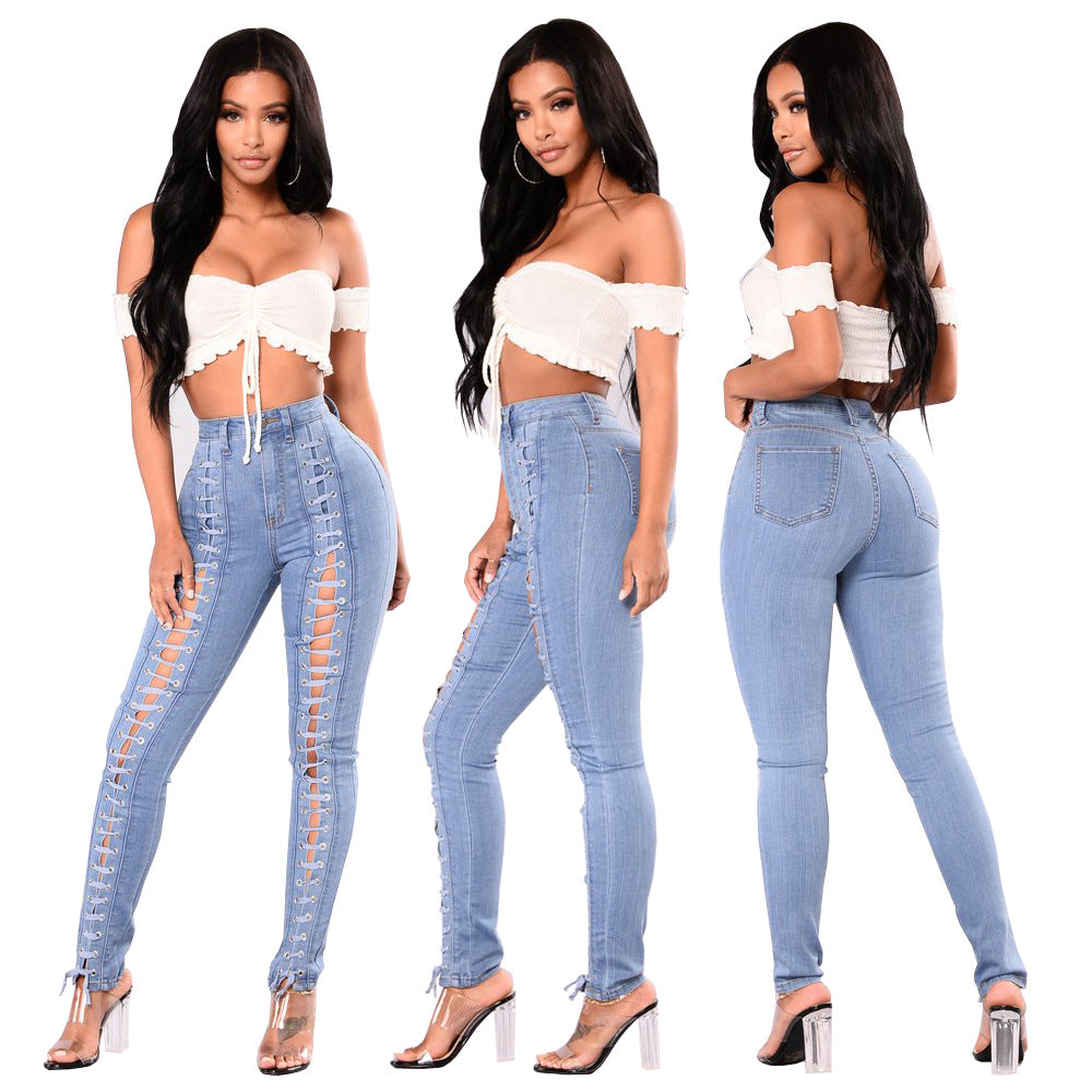 Amazon Manufacturers Spot Wholesale Light Blue Bandage Corns Women'S Jeans In Europe And America Ebay