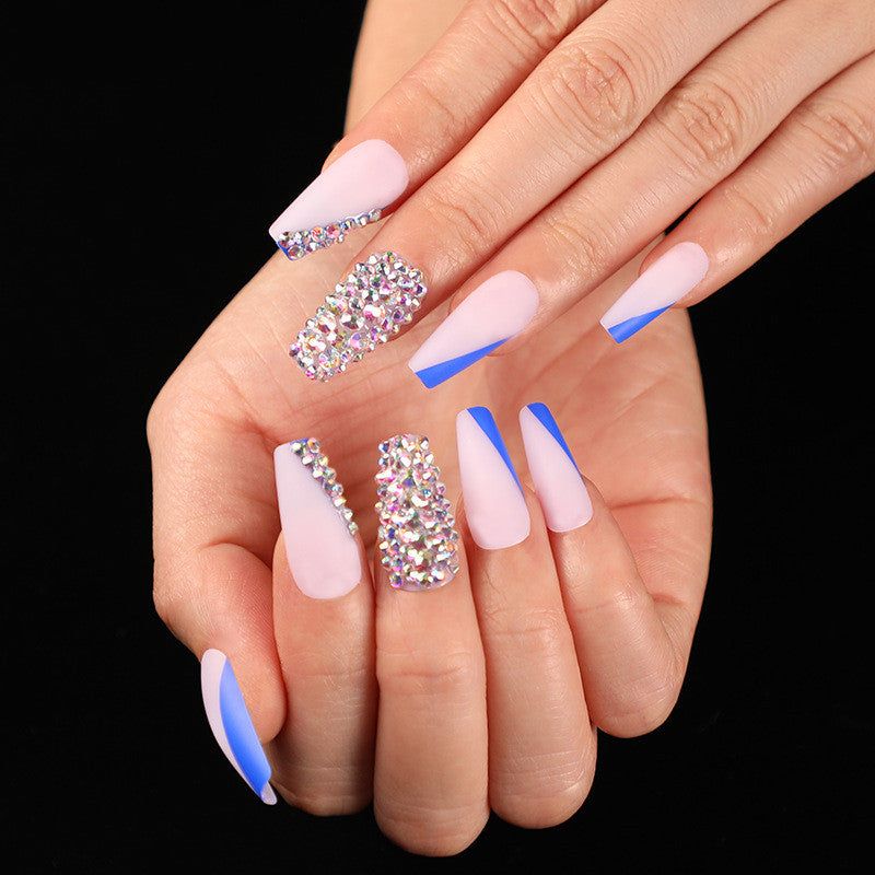Wearing Nail Pieces Ballet Blue French Manicure Wearing Nail Color Diamonds