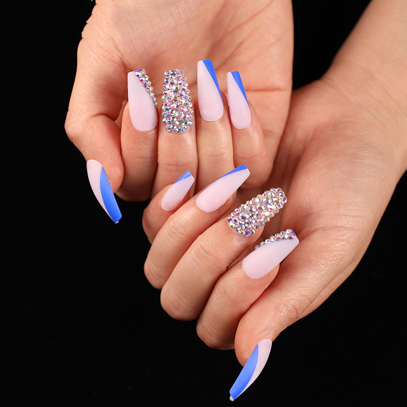 Wearing Nail Pieces Ballet Blue French Manicure Wearing Nail Color Diamonds
