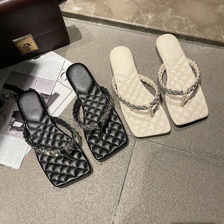 Summer New Style Rhinestone Clip Foot Square Head Sandals Flat Bottom