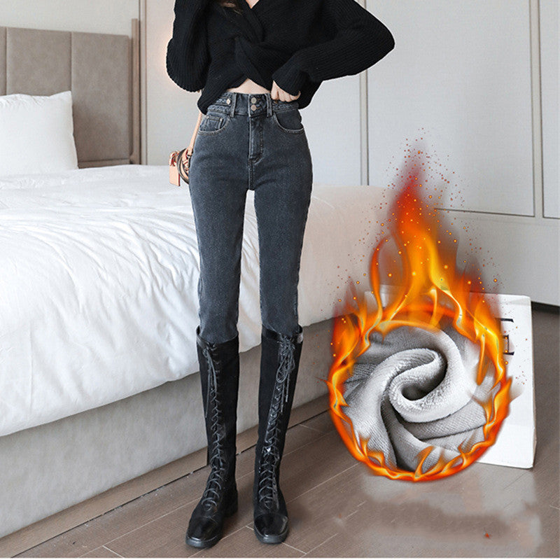 Fleece Pants Women'S Autumn And Winter New High Waist Slim Nine Points Plus Cotton Jeans Warm Leggings Outer Wear Trousers