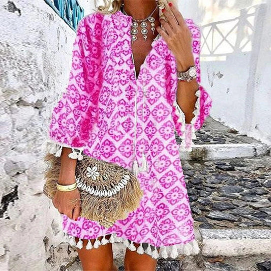 Plus Size Women V Neck Lace Up Tassel Autumn Dress