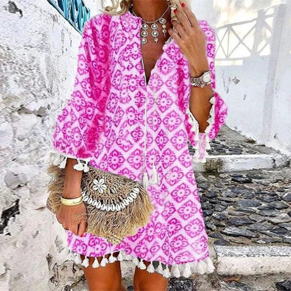 Plus Size Women V Neck Lace Up Tassel Autumn Dress