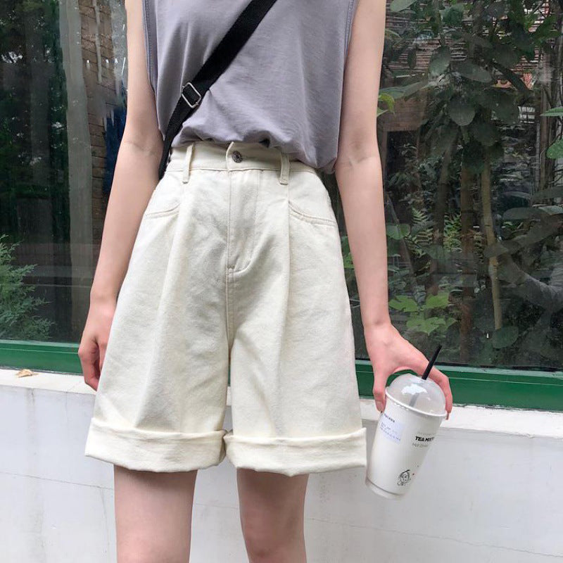 Harajuku Bf Wind High Waist All-Match Straight Wide Leg Shorts Women