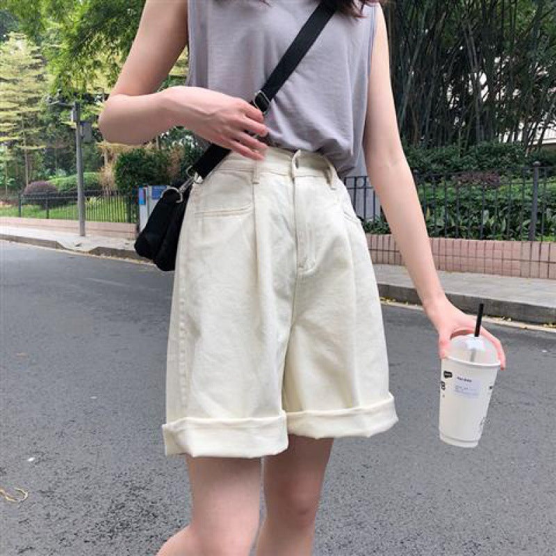 Harajuku Bf Wind High Waist All-Match Straight Wide Leg Shorts Women