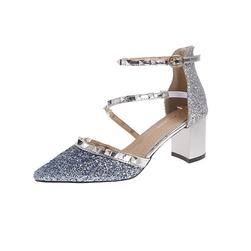 Summer New Sequined Thick Heel Sexy Rivet Women's High Heels