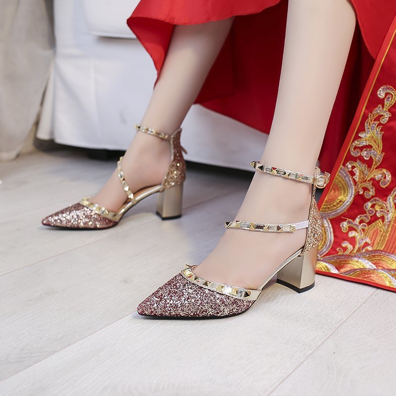 Summer New Sequined Thick Heel Sexy Rivet Women's High Heels