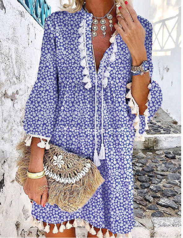 Plus Size Women V Neck Lace Up Tassel Autumn Dress