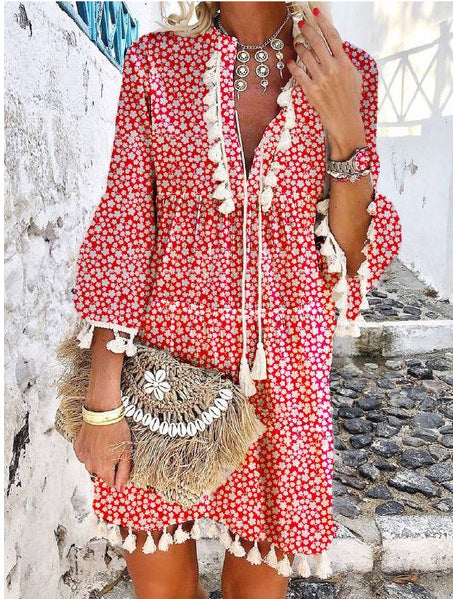 Plus Size Women V Neck Lace Up Tassel Autumn Dress