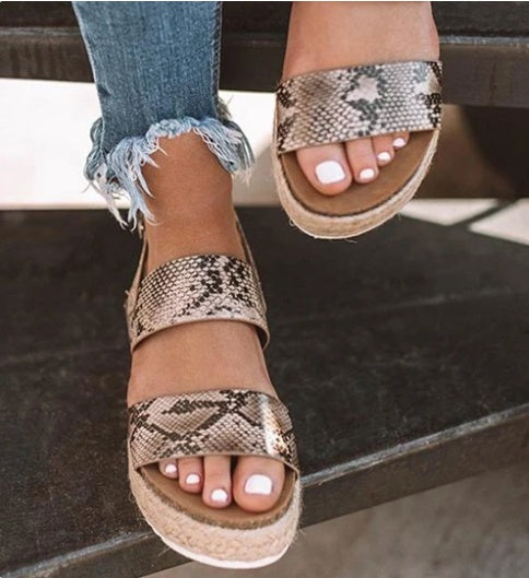 Open-toe flat hemp mid-heel rubber buckle sandals