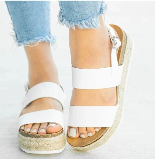 Open-toe flat hemp mid-heel rubber buckle sandals