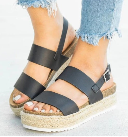 Open-toe flat hemp mid-heel rubber buckle sandals