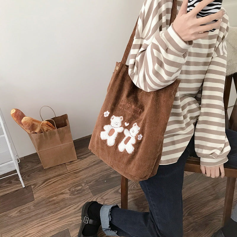 Corduroy One-Shoulder Canvas Bag Wild Bear Embroidery Bag