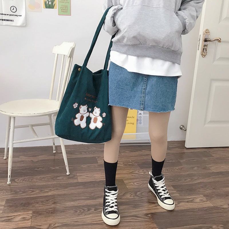 Corduroy One-Shoulder Canvas Bag Wild Bear Embroidery Bag