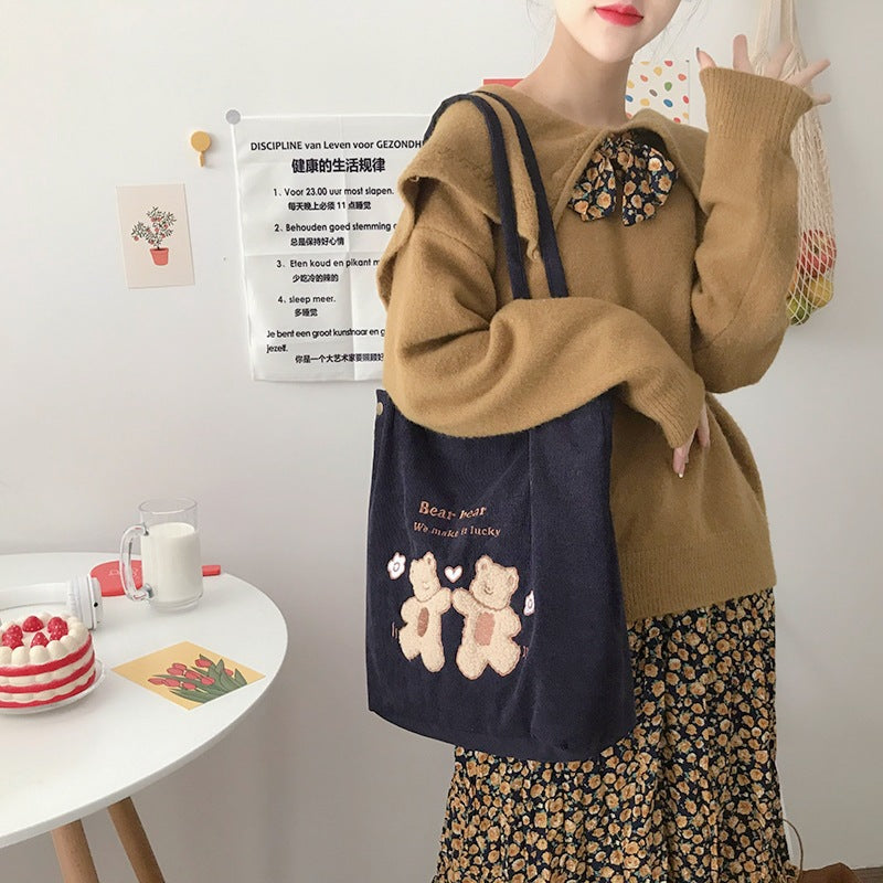 Corduroy One-Shoulder Canvas Bag Wild Bear Embroidery Bag